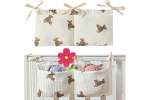 SINRAD 1 Pezzi Custodia Per Culla，Culla Organizzatore Culla Caddy,Borsa Per Lettino Da Appendere,Per Vestiti, Pannolini, Giocattoli e Barrette Per La Dentizione(Gon Due Tasche/Motivo a Orsetto)