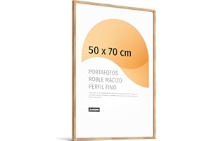 JUNOMI® Marco de fotos Premium de roble 50x70cm – Madera auténtica, cristal sintético inastillable, perfil estrecho, diseño minimalista, uso vertical u horizontal