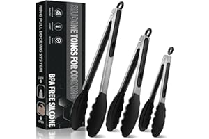 COZOR Szczypce kuchenne, odporne na wysokie temperatury (480°F), szczypce do grilla, zestaw 3 sztuk, stal nierdzewna i wolne od BPA, silikonowe końcówki 18 cm, 23 cm i 30,5 cm (3 czarne szczypce silikonowe)