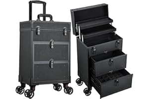 KZRUEB Kosmetikkoffer Kosmetik Trolley mit 2 Schubladen Friseurkoffer Groß Nageldesign Koffer Werkzugkoffer Ngaelkoffer Make up Koffer mit Rollen Schminkkoffer Abschließbarer,Schwarz