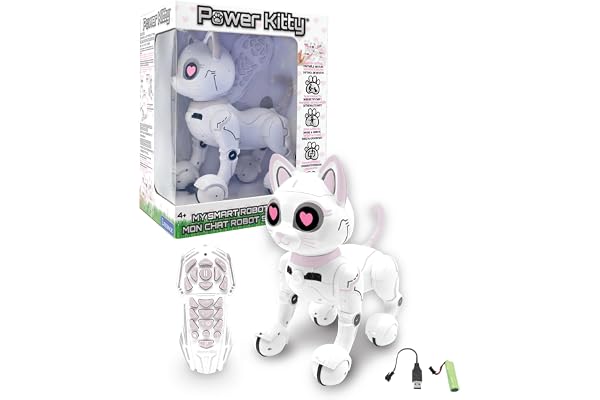 Lexibook - Power Kitty® - Chat Robot Télécommandé, Robot Intelligent Programmable, Lumière, Son, Blanc/Rose - KITTY01