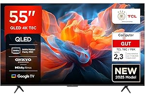 TCL 55T8C 55 Zoll QLED 4K HDR UHD Fernseher, Smart Google Tv Dolby Vision Atmos,144Hz Motion Clarity Pro, Game Bar, ALLM, Freesync, Onkyo 2.1 Sound, Sprachsteuerung, Kompatibel mit Google Assistant