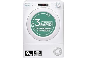 Candy Smart Pro Asciugatrice 9 Kg a Pompa di Calore, Libera Installazione, Classe E, Connessione Wi-Fi + BLE, Controllo da App, Snap & Dry, 59,6 x 58,5 x 85 cm, Bianca - CSOE H9A2DE-S