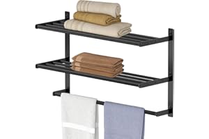 Bethom 3-Tier Towel Shelf with Bar, 24 Inch Wall Mounted Holder for Bathroom, Metal Matte Black Lavatory Rails, Waterproof and Rustproof