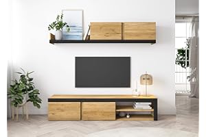 Skraut Home | Salon IDEM Naturale | Juego de Muebles | Unidad de Pared | Mueble bajo TV | Comedor, Conjunto de salón Color Roble Nórdico/Negro | Almacenamiento de Estilo Moderno 200 x 180 x 40 cm