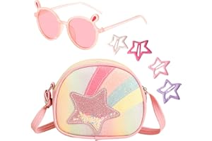 MLPKOI Sac Petite Filles, Sac à Main Fille Arc en Ciel Étoile Petit, Sacs à Main Fille pour Tout-Petits Filles avec Accessoires, Sacs à Bandoulière avec Lunettes de Soleil et Épingles à Cheveux, Rose