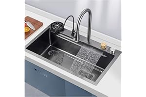 GMTSTORE Fregadero De Cocina Artesanal De Acero Inoxidable 304 Fregadero De Barra De Cascada Multifuncional Fregadero Nano RV Negro con Grifo Extraíble Y Lavadora De Taza (Color : Black, S : 80x45x22cm)