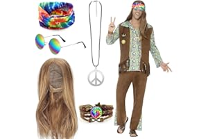 BIQIQI Hippie Perruque Costume Set Accessoires Hippie Paix Signe Collier Boucles D'oreilles Bracelet Hippie Bandeau Lunettes De Soleil Halloween Hippy Dress Up for Theme Années 60 Années 70