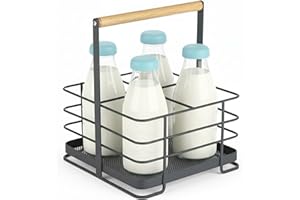 ALAYSTAR Mesh Black Metal Milk Bottle Holder 4 Pint Bottle Carrier Vintage Style Milk Caddy Rust-Resistant Iron Milk Crate with Wooden Handle for Doorstep & Kitchen Storage Weatherproof