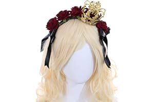 Kawaii-Story C-104-2 Gold Crown with Roses Red Lace Bow Ruffle Gothic Lolita Headband Party Celebration Hair Accessories Head Accessory