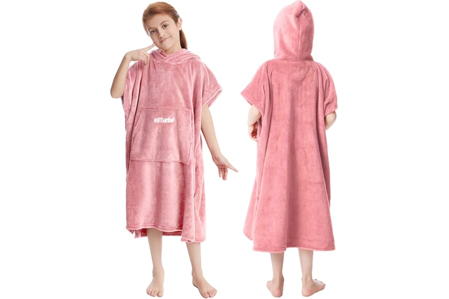 Hiturbo Kids Changing Robe Towel Poncho Bath Robe with Hooded for Beach,Swimming,Surfing Pink