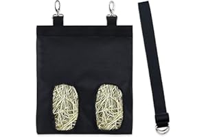 THATYRO Rabbit Hay Feeder Bag, Hay Holder with 2 Holes & Adjustable Shoulder Strap, Guinea Pig Hay Dispenser Sack Hanging, Feed Storage Bag for Cage Horses Chinchilla Hamster Small Animals, Black (1 PCS)