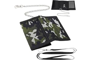 APRICITIE Kinder Portmonee Geldbeutel Kinder Slim, Jungen Camo Portmonee Faltbare Dreifache Kinder Portemonnaie mit Kette Clip Reißverschluss Schlüsselband Geldbeutel für Münztasche Kartenhalter (Tarngrün)