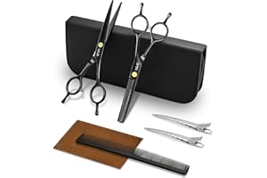 ULG Professional Hair Cutting Scissors Set – 16.5 cm Japanese Stainless Steel Barber Shears & Thinning Scissors with Comb, Clips & Case – at-Home Salon Haircut Kit for Men, Women, Kids, Black