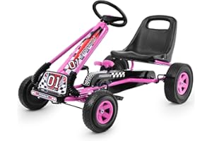GOPLUS Gokart ab 3 Jahre, Go Kart mit verstellbarem Sitz, Vor- und Rückwärtsgang, Tretauto mit Gummi Räder, Flexible Kupplung und Handbremse, Kinderfahrzeug für Kinder 3-8 Jahren (Rosa)