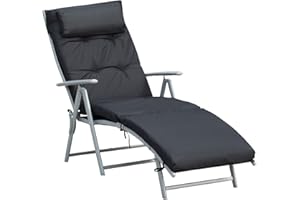 ‎OUTSUNNY Outsunny Sonnenliege Strandliege Gartenliege klappbar verstellbar mit Kissen Garten Metall Stoff Schwarz 137 x 63,5 x 100,5 cm