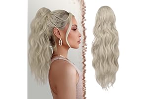 FESHFEN Coleta Postiza con Cordón Cola de Caballo Extensiones Coleta Ondulada Largas Rizado Rubio Platino Plateado Postizos de Pelo Sintética para Mujeres, 45 cm