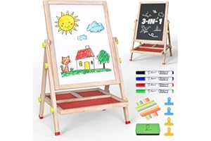 JOYOOSS Art Easel for Kids, Wooden Easels for Toddlers, Easley for Toddler Easel Adjustable Chalkboard for Children Dry Erase Art Board for Toddler Draw Easel for Kids Ages 4-8 8-12 Red