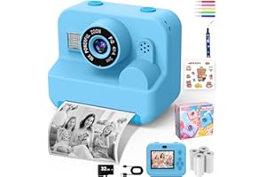 CONMRO Appareil Photo Enfant - 1080P Selfie Appareil Photo Instantané Écran 2,4 Pouces, avec Papier d'impression + Carte 32 GB, Jouet Cadeau de Noël pour Filles et Garçons 3-14 Ans (Bleu)