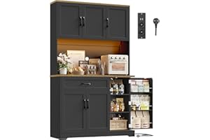 ‎FIRFURD FirFurd 180cm Küchenschrank mit LED & Gewürzregal Buffetschrank Sideboard für Küche mit Steckdosenleiste Küchenschrank mit Arbeitsplatte Küchenbuffet Küchenmöbel 180x100x38cm schwarz