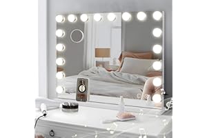 ‎HANSONG Hansong Hollywood Mirror, 80 x 60 cm, with Lighting and Bluetooth, 18 LED Bulbs, 3 Colour Light Modes, Dimmable Make-Up Mirror with Lighting with USB Charging Port
