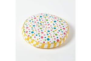 HOMESCAPES Multi-coloured Round Floor Cushion Large Decorative Circular Children’s & Garden Seat Pad with Polka Dot Pattern, Pre-Filled 100% Cotton Indoor and Outdoor Cushion, 43cm