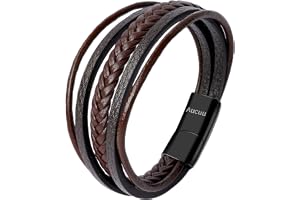 Aucuu Läderarmband för män, flätat läderarmband, flerskiktsarmband med rostfritt stål magnetiskt lås, pojkarmband premium läd