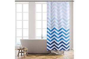 Furlinic Wąska zasłona prysznicowa do narożnego prysznica i małej wanny, z materiału, odporna na pleśń, wodoszczelna, nadaje się do prania, kolor biało-niebieski, 80 x 180 cm, z 6 pierścieniami.