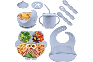 Bwaliffury Kinderteller Sets Silikon, 9 Stücke Rutschfest Geschirr Sets Mit Löffel Geteilte Platte und Lätzchen, Baby Geschirrset mit Saugnapf, Silikon Geschirr Baby für Kleinkinder