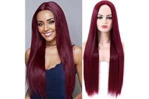 BESTUNG 28 pulgadas de largo recto Borgoña vino rojo pelucas para mujeres pelucas sintéticas naturales con parte media