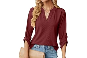 Heersan Chemisier élégant à Col en V pour Femme Chic Chemisier Ample à Manches Enroulables à 3/4 Manches Longues Lâches Hauts Tuniques de Base T-Shirt Blouses(S-XXL)