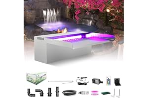 LONGRUN Fontane Cascata Piscina, 30cm Cascata per Piscina Fuori Terra, Laghetto a Cascata in Acciaio inossidabile luce a LED, Fontane da Giardino Esterno