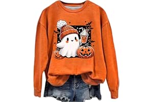 EQWIGKEIT Halloween Pullover Damen Sweatshirt Damen Ohne Kapuze Pullover Kürbisse Und Geister Drucken Langarm Rundhals Pulli Halloween Druck Festival Festlich Langarmshirt Locker Oberteil Halloween Kostüm