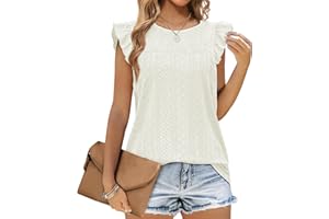 Jescakoo Tank Top Damen Ärmellos mit Rüschen Kurzarm Ösenstoff Top Damen Elegant Oberteile Sommer Rundhals Ausschnitt Bluse Damen 2024
