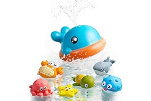 OR OR TU Jouets Bain Bébés Sprinkler Baleine, Jouets Bain Lumineux avec 6 Animaux Flottants sans Trou, Jouets pour Baignoire Bébés et Tout-Petits de 18 Mois Douche Baignade