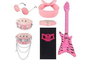 RADSOCKEN 7Pcs Punk Gothic Rocker Costume Set,Rock Heavy Metal Accessories with Retro Sunglasses Bandana Bracelet Inflatable Guitar for Women Men Halloween 80s Disco Party