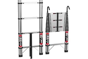 DICN 4.4M Stainless Steel Telescoping Ladder with Detachable Hooks Telescopic Extension Ladder Retraction Collapsible Ladder Portable Folding Lightweight, Capacity 330LBS