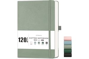 EMSHOI A5 Notebook Dotted Journal - 120gsm Thick Paper, Hardcover Leather Dot Grid Notebook for Bullet Journaling with 160 Pages, Journal Stencils, Inner Pocket, 21 x 14.5 cm, Light Green