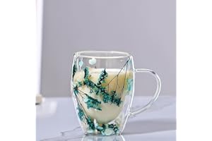 LeKuni Tasse Double Paroi Avec Fleurs Séchées, 350ml Verre Double Paroi, Tasses À Expresso En Verre Transparent Pour Cappuccino, Expresso, Latte, Thé（bleu）