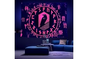 Arsey Arazzo da Parete Vichinga Arazzi Fluorescenti UV Reattivo Rosso Rune Corvo Mitologia Nordica Per Da Letto Casa Arredamento Grande, 200 X 150 cm
