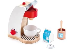 Jouet Hape Machine à Café - Jeu d'Imitation Cafetière Enfants de 2 ans et Plus - Cafetière, Tasse, Lait, Capsule, Sucre Inclus - Accessoires Cuisine Enfant Réalistes - Matériaux Écoresponsables