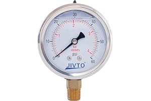 JIVTO Pressure Gauge,Glycerin Liquid Filled,2-1/2" Dual Scale Dia,0-60 psi/bar/kpa,1/4" BSPP Male Brass Connection,Lower Mount, Stainless Steel Case,for Pneumatic,Pump,Hose,Well Tank,Gas Air Water Oil