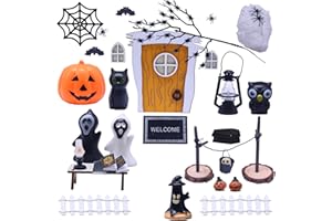 NABETA DECO Halloween Puppenhaus Dekoration Miniatur gelb Holz Wichteltür Komplettset zubehör Garten Thema Spinne Fledermäuse Kürbis-Elfe Geist Halloween Party Dekoration…