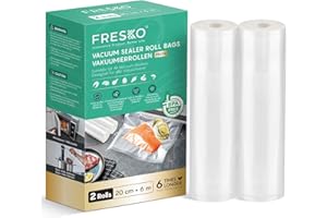 FRESKO Sacchetti Sottovuoto Alimenti 2 Rotoli 20 X 600 cm, Dimensioni Personalizzabili Adatte a Tutte le Macchine Sottovuoto, Senza BPA, Scanalature per l'aria in Rilievo