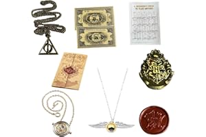 PIUMOJ Harry Accessoires Set, Goldener Schnatz Anhänger, Potter Schmuck Halskette Set, Magisches Thema Zeitumkehrer Feuerlacksiegel Karte der Schauplätze Hin- und Rückfahrkarte Spruchblatt, 8 Stück