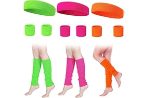 FCXQG Cinta y Muñequeras Disfraz 15pcs Pierna de Color Neón Muñequeras Rosa Verde 80s Accesorios Disfraces Calentadores Piernas Diadema Correr Naranja Amarillo Gym Deportes Bandas Pelo