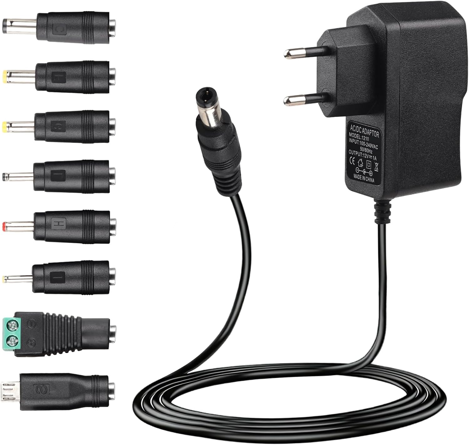 Alimentador 12V 1A, Adaptador de Fuente de Alimentación Universal 12W con 8 Enchufes DC Desmontables, Compatible con Electrónica y Dispositivos como LED, Router, CCTV, Radio, y Más - 1000mA Máx