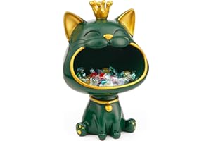 Efugadeng Glückskatze Statue Lagerung Box,Lachende Katze Schmuck Schlüssel Aufbewahrungsbox,Katze Figur Schmuck Tablett,Große Katzen-Skulptur-Statuegeeignet für Zuhause, Büro-Dekoration (Grün)