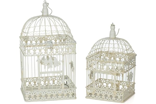 Lot de 2 cages à oiseaux décoratives en métal blanc vieilli H 55/47 cm - Look vintage avec ornement d'oiseaux à suspendre ou à poser - Cage décorative style maison de campagne antique shabby nostalgie