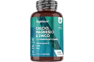WEIGHTWORLD Magnesio Zinco Calcio Vegano con Vitamina D3 K2 Tipo MK-7, 400 Compresse, 1 al Giorno (Fornitura per 13+ Mesi), Calcio Magnesio Zinco Integratore, Complex con Rame e Selenio, Privo di Glutine e OGM